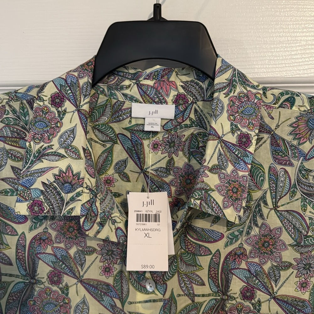 J. Jill One Pocket Shirred Back Button Up Shirt Dragonflies Lime Blue Purple XL
